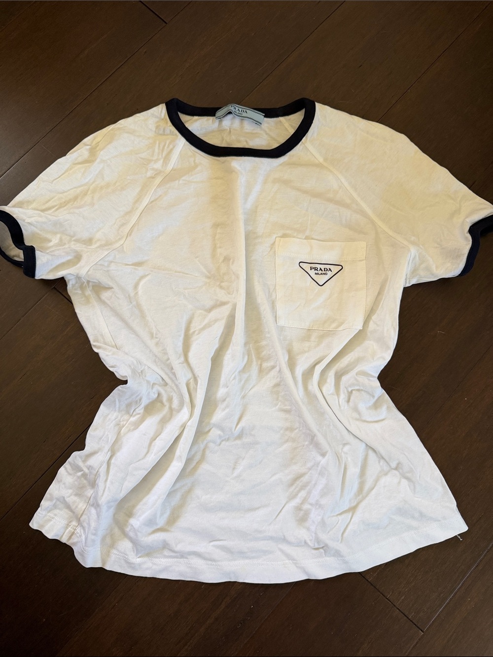Prada White Short Sleeve Pocket Tee with Black Ringer Trim